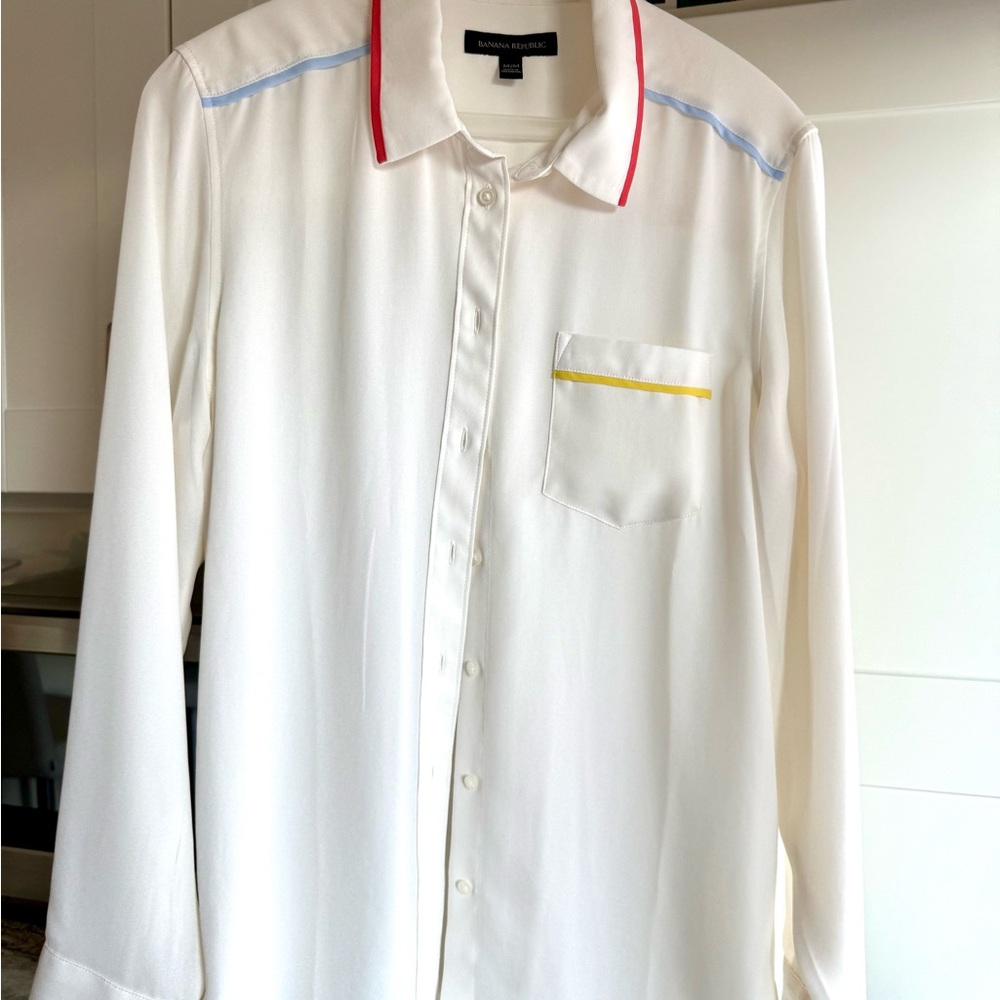 Banana Republic Off White Blouse with coral, yellow, blue trim